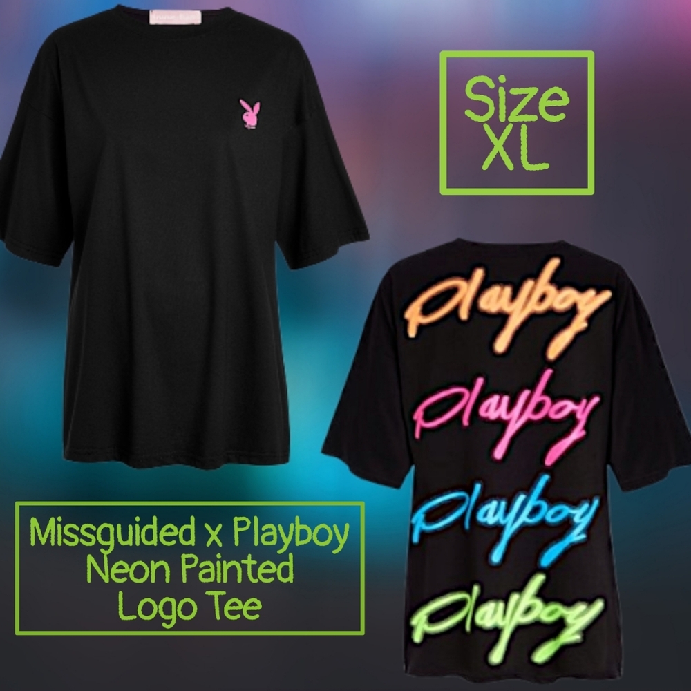 Missguided x Playboy Oversized Black Tee w/ Neon Painted Logo on Back Size XL